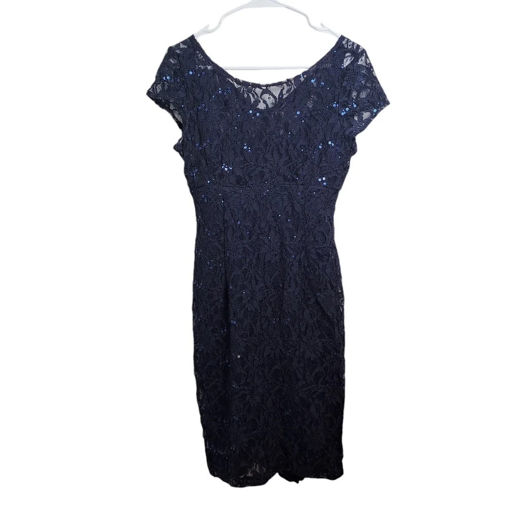Scarlett Navy Blue Sequin Sparkle Lace Sheath Semi-formal Knee Length Dress S